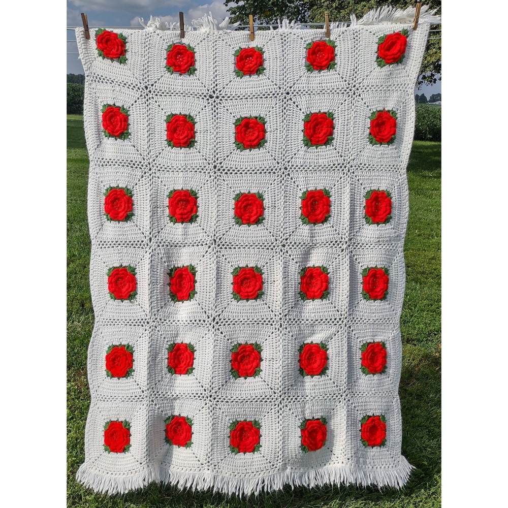 Handmade Crochet 3D Rose Granny Square Blanket 54x64 Afghan Throw